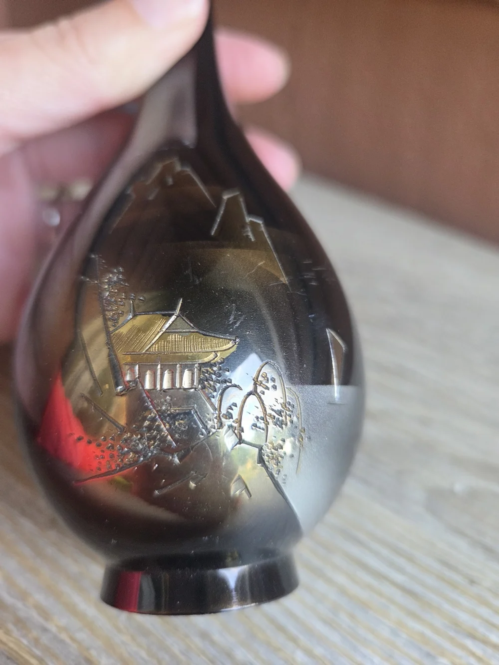 Vintage Japanese Chokin style Bud Vase Black Enamel Brass 6.5